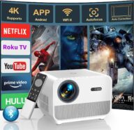 [Auto Focus&Apps] FunFlix A1 4K Projector with 5G WiFi and Bluetooth Android TV 800 ANSI Native 1080P Outdoor Movie Projector Dust-proof 50% Zoom for Phone/TV//HDMI/USB