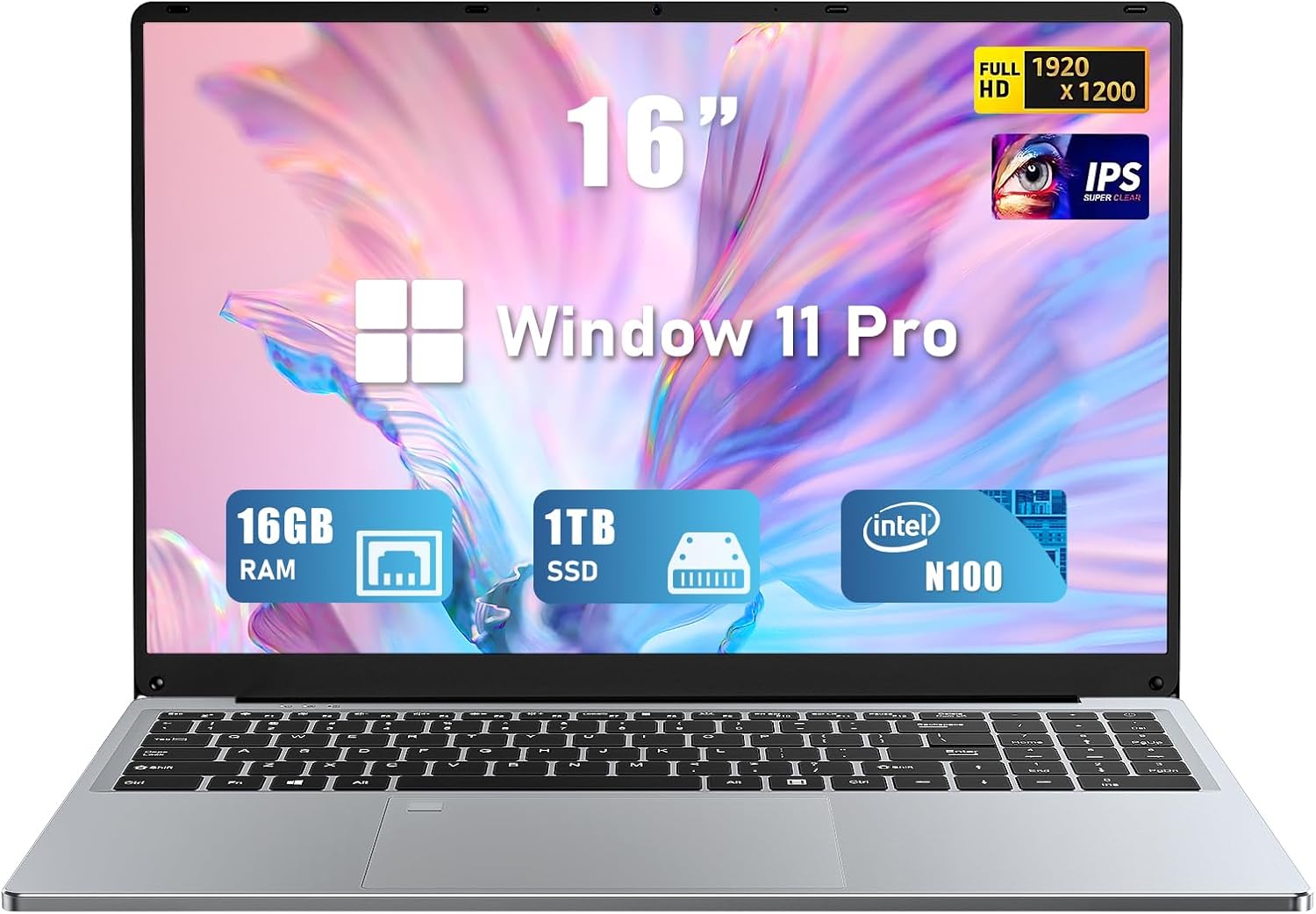 Gaming Laptop | 16 Inch FHD Display (1920 x 1200) | 12th N100 Laptop Computer | 16GB RAM 1TB SSD | Supports 180 Angle Opening | Bluetooth | Backlit Keyboard | Windows 11 Pro.